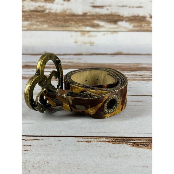 Bridget Shuster Cowhide Wide Brown Belt – Fleur‑de‑Lis Heart, Brass, Rhinestones - Picture 2 of 7